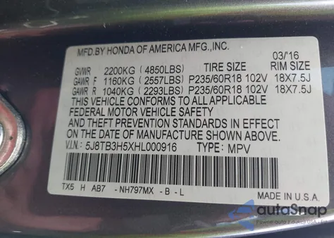 2017 Acura Rdx Technology Acurawatch Plus Packages/W/Technology Package from USA, damaged, VIN 5J8TB3H5XHL000916